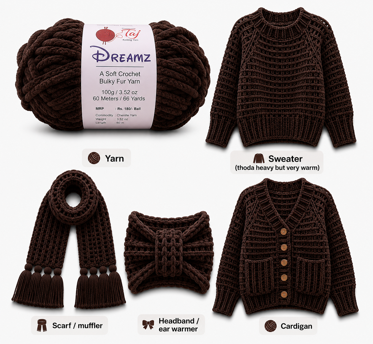 Brown yarn ball with 'Dreamz' label and crocheted items including a sweater, scarf, headband, and cardigan on a white background.