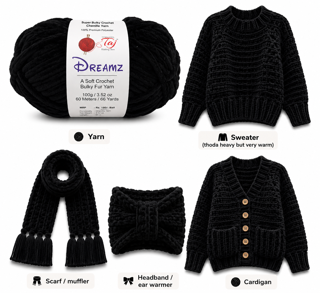 Black knitted items including yarn, sweater, scarf, headband, and cardigan on a white background.