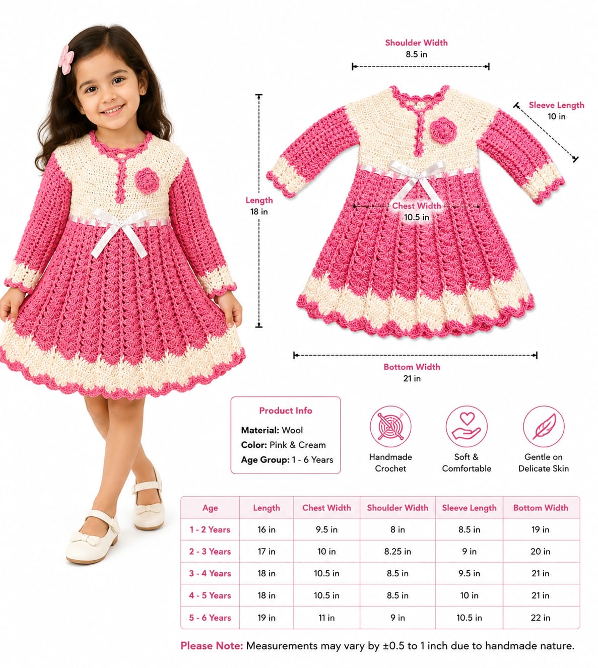 Pink & Cream Handmade Crochet Wool Dress for Girls | Full Sleeve Winter Dress