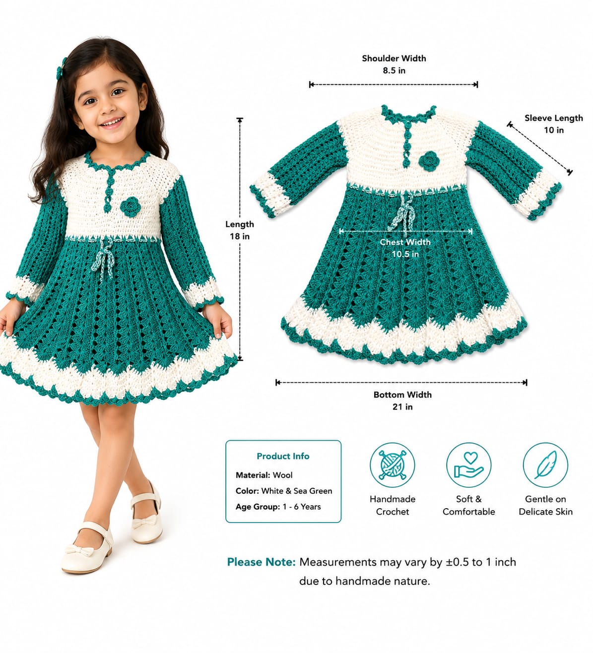 Teal Green & Cream Handmade Crochet Dress for Girls | Full Sleeve Wool Dress