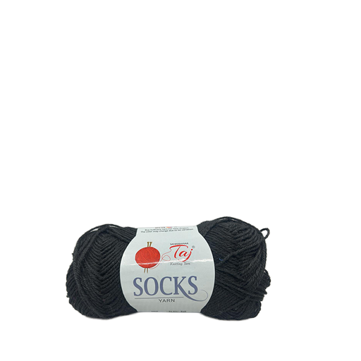 Ball of black yarn with a label on a white background