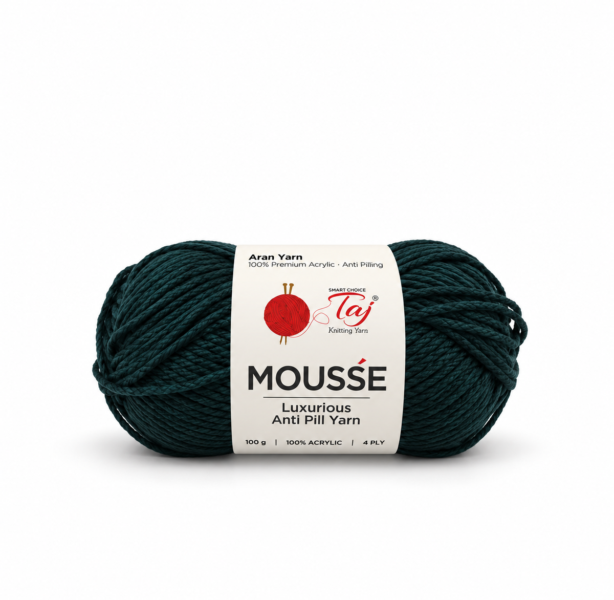A single skein of Mousse Luxury Anti Pili Yarn by Taj in a dark teal-green color, featuring a white paper label with red and black branding, set against a plain white background.