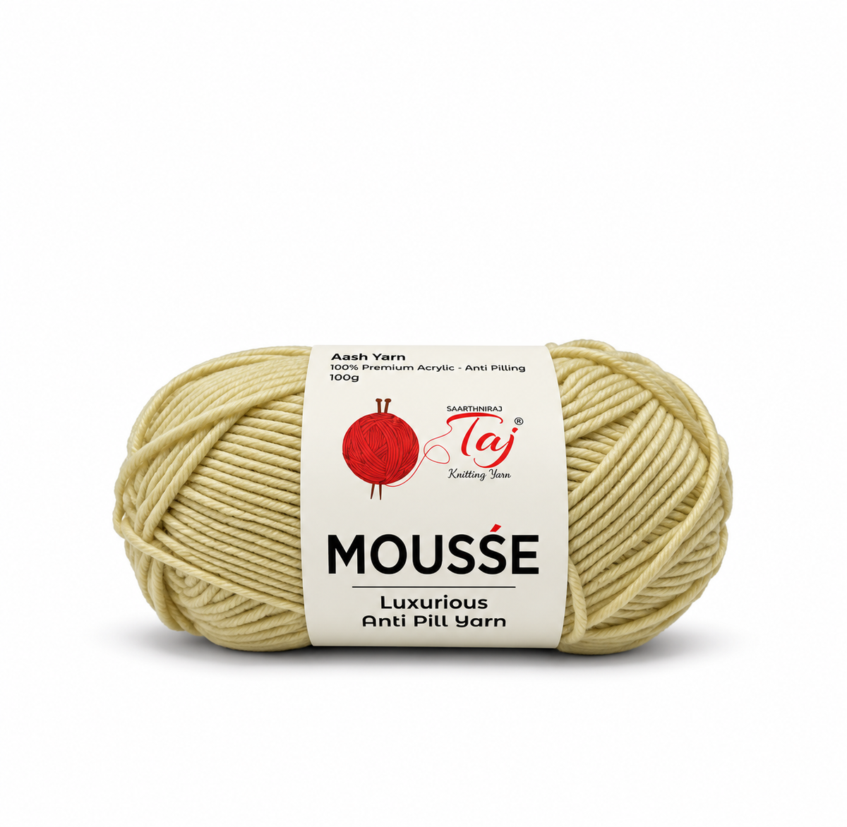 A single skein of Mousse yarn in Ash Yarn, featuring a cream-colored label with a red yarn ball logo and text, set against a plain white background.