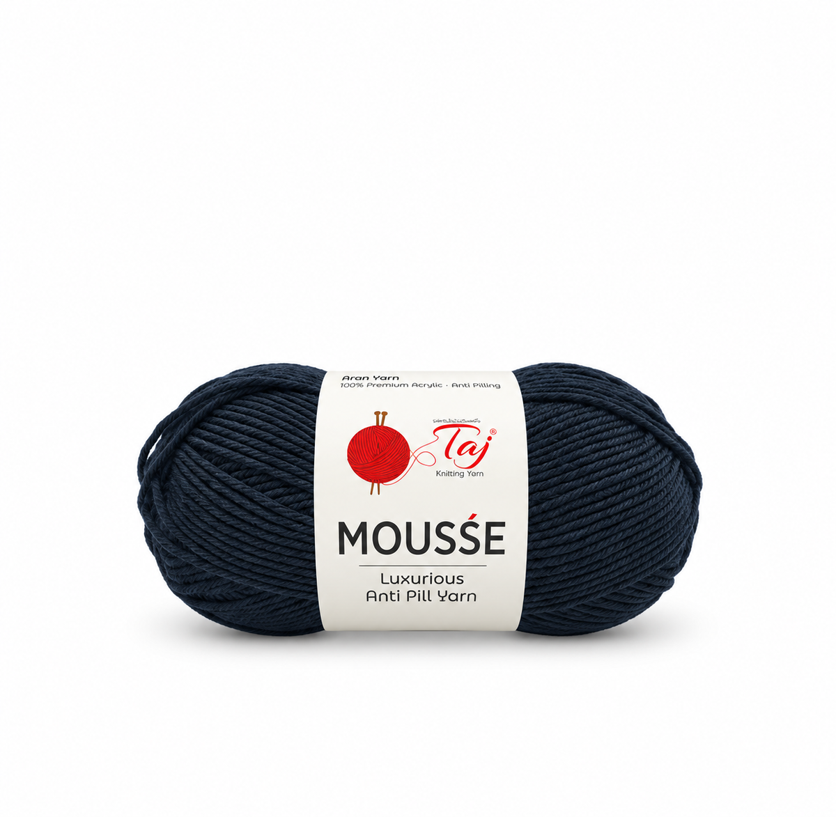 A skein of Taj Mousse Luxury Anti Pill Yarn in a deep navy blue color, featuring a white paper label with the brand logo and product name.