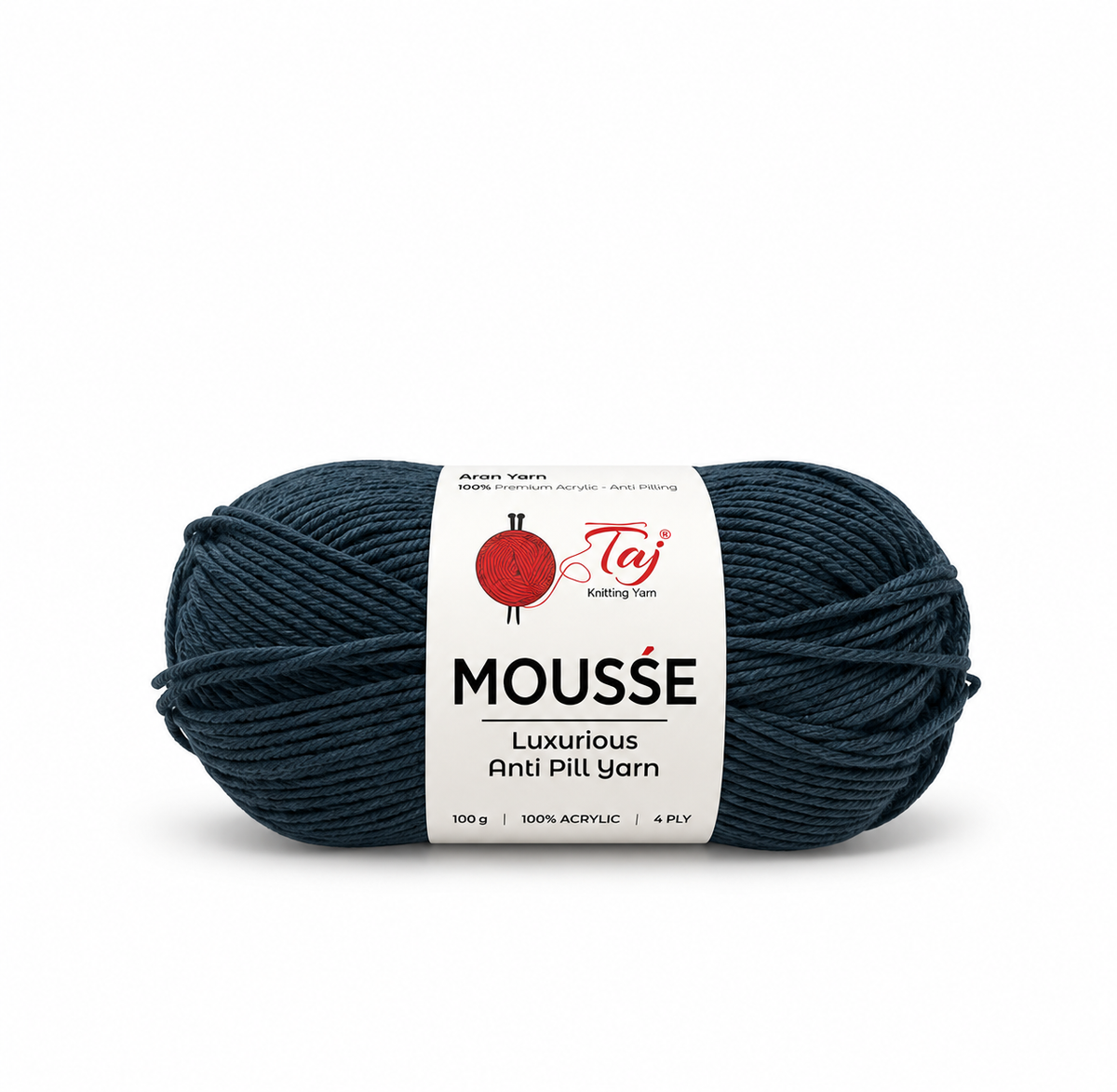 A single skein of Taj Mousse luxurious anti-pill yarn in a dark navy blue color, wrapped with a white paper label showing the brand logo and product details, on a clean white background.