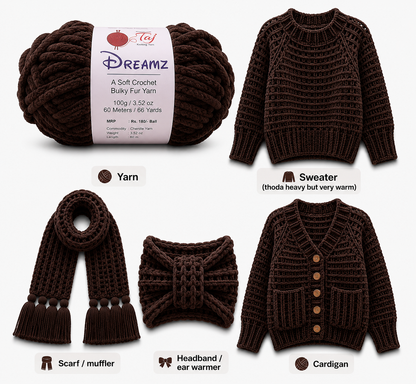 Brown yarn ball with 'Dreamz' label and crocheted items including a sweater, scarf, headband, and cardigan on a white background.
