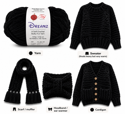 Black knitted items including yarn, sweater, scarf, headband, and cardigan on a white background.