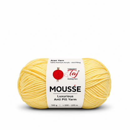 A single skein of yellow yarn with a white paper label reading 'MOUSSE' and 'Varishuman Taj Knitting Yarn' on a clean white background.