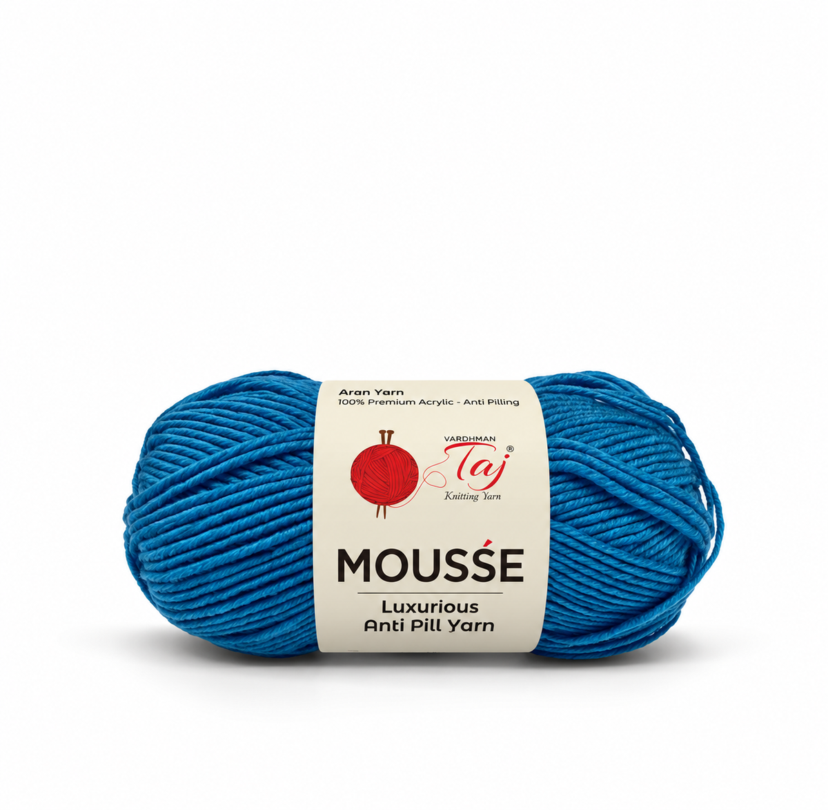 A skein of blue Aven Yarn Mousse Luxurious Anti Pill Yarn wrapped in a white paper label with the Aven Yarn Taj logo, on a white background.