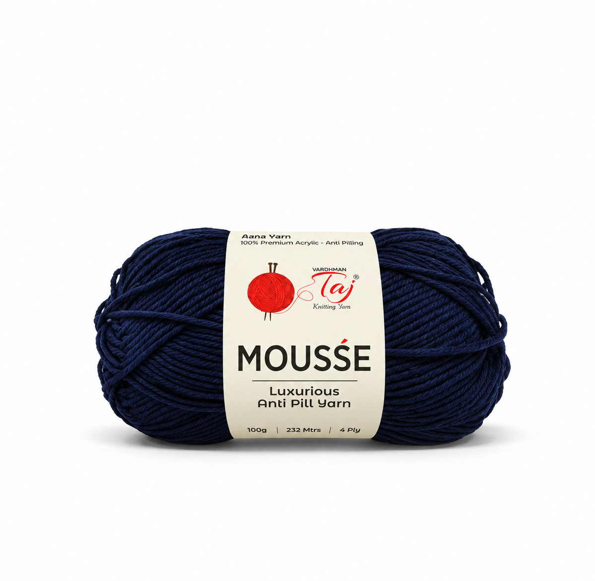 A single skein of Ane's Yarn Mousse Luxury Anti-Pill yarn in a deep navy blue color, wrapped with a white paper label featuring a red yarn ball logo.
