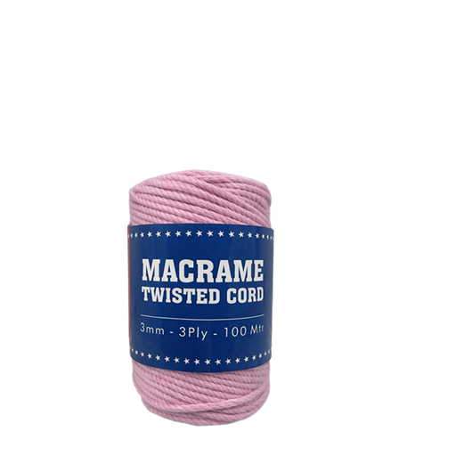 Pink macrame twisted cord with a blue label on a white background