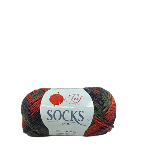 Ball of yarn with a 'Taj' label on a white background