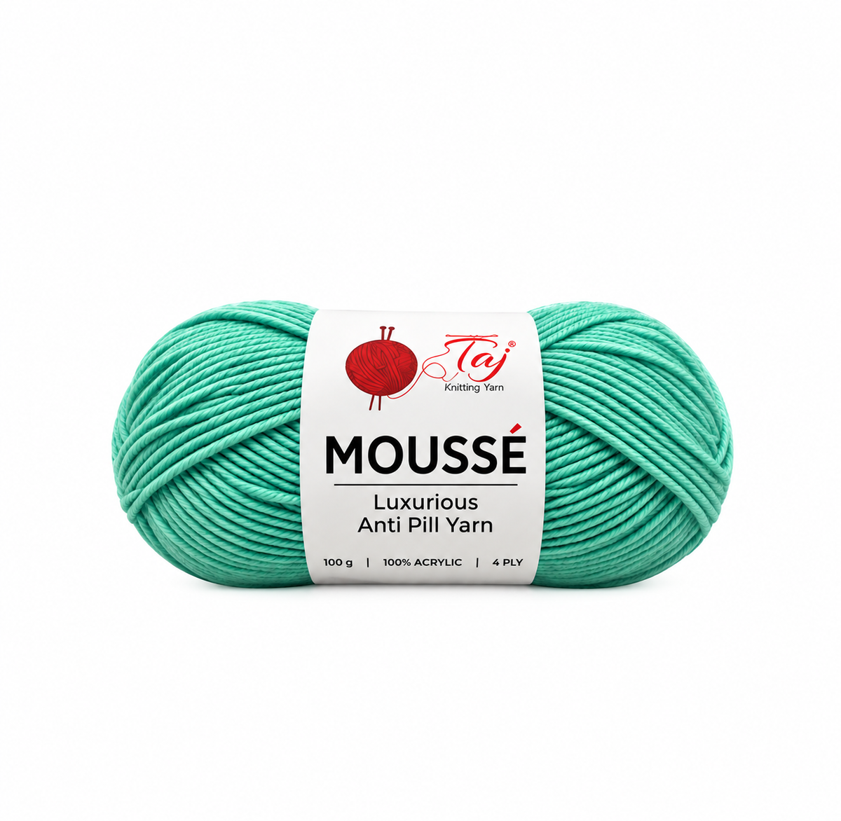 A skein of Teji Mousse Luxurious Anti Pill Yarn in a vibrant mint green color, featuring a white paper label with red and black branding, set against a plain white background.