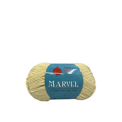 Ball of yellow yarn with a blue Marvel label on a white background