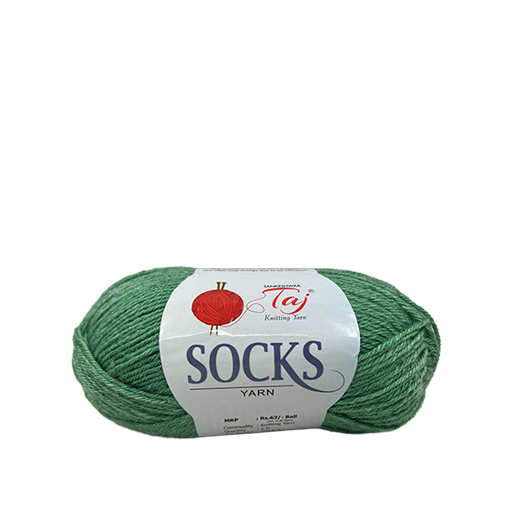 Green skein of yarn with a label on a white background