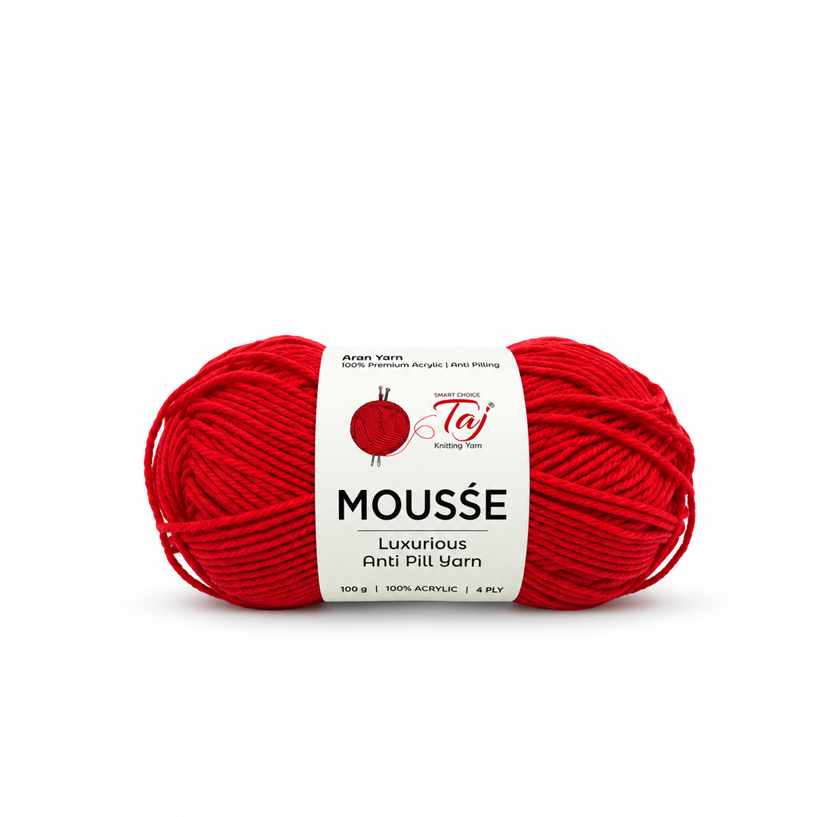 A single skein of bright red yarn with a white paper label reading 'Moussé Luxury Anti Pill Yarn' and the Taj Knitting Yarn logo, centered on a plain white background.