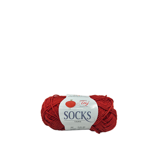 Red skein of yarn with a label on a white background