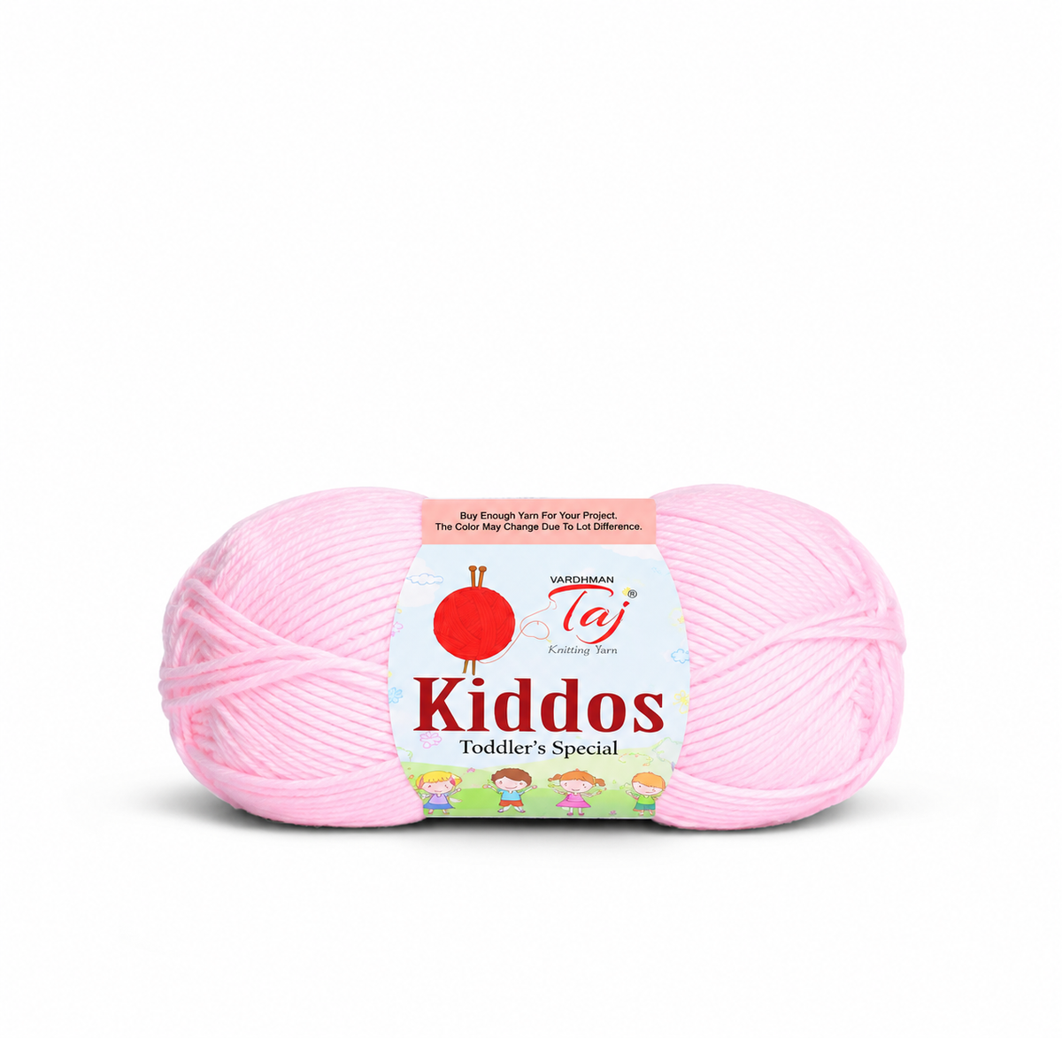 A skein of light pink yarn with a paper label reading 'Kiddos Toddler's Special' and 'Vagabond Taj', photographed on a clean white background.