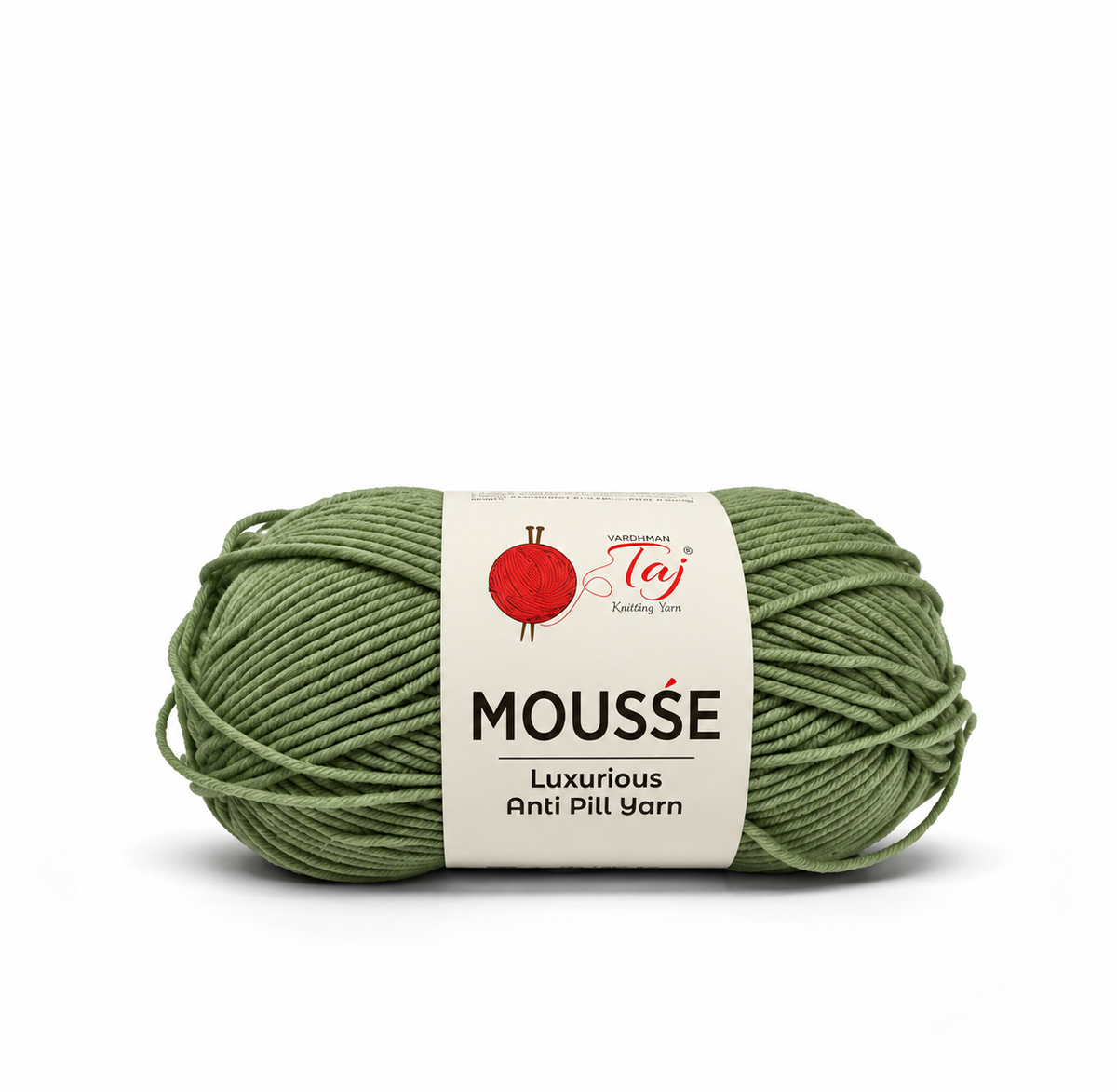 A skein of sage green Mousse Luxurious Anti Pill Yarn with a white paper label, shown on a clean white background.
