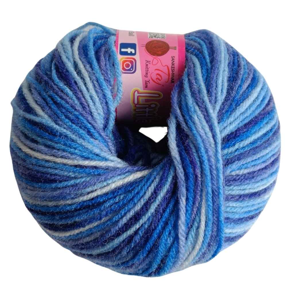 Blue and white striped yarn ball with a pink label on a white background