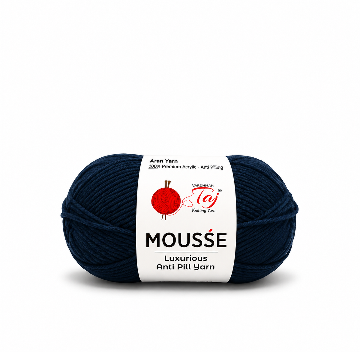 A single skein of dark navy blue yarn with a white paper label. The label features the brand name 'Madison Taj' and the product line 'MOUSSE'.