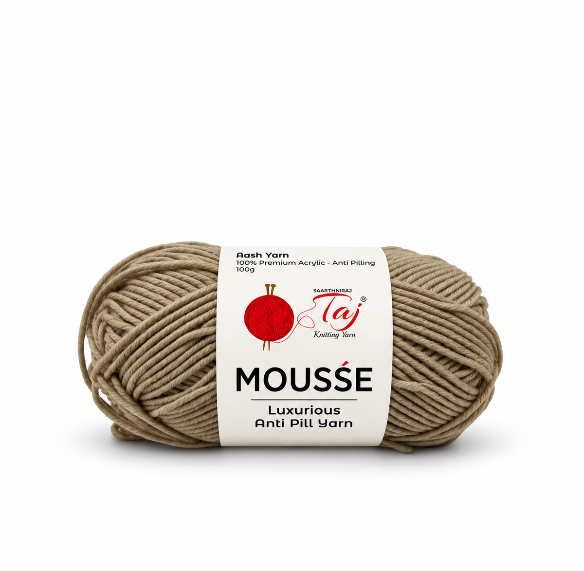A single skein of taupe-brown Mousse Luxurious Anti Pili Yarn by Taj Knitting Yarn, wrapped in a white paper label with a red logo, on a clean white background.