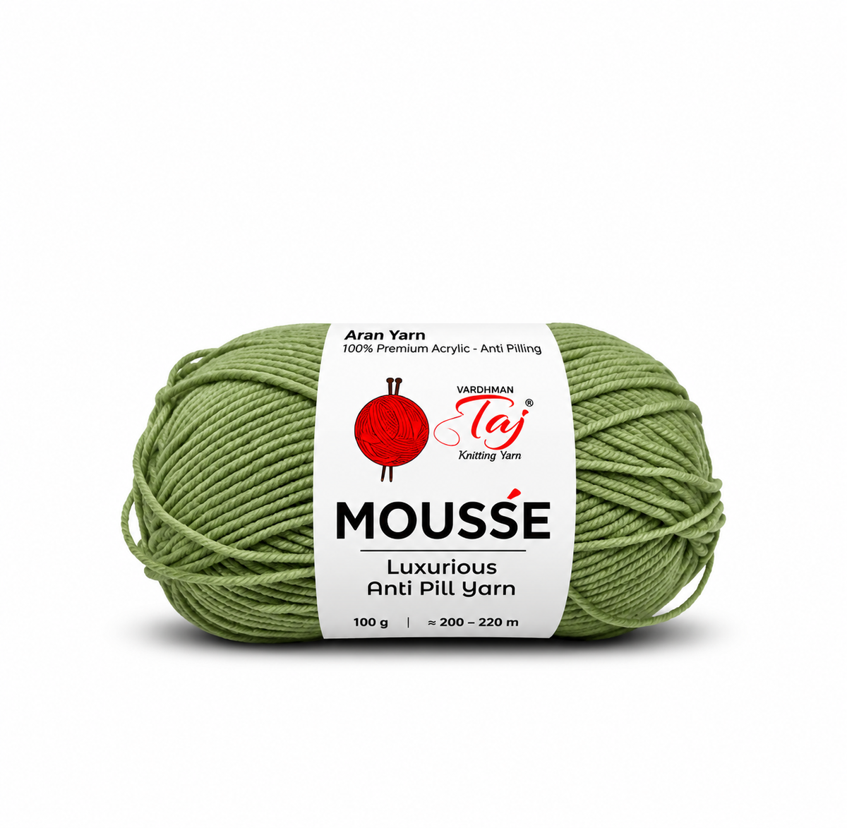 A single skein of Mousse Luxurious Anti Pill Yarn in sage green, featuring a white paper label with the Moussette and Madhumal Taj Knitting Yarn brands, on a white background.