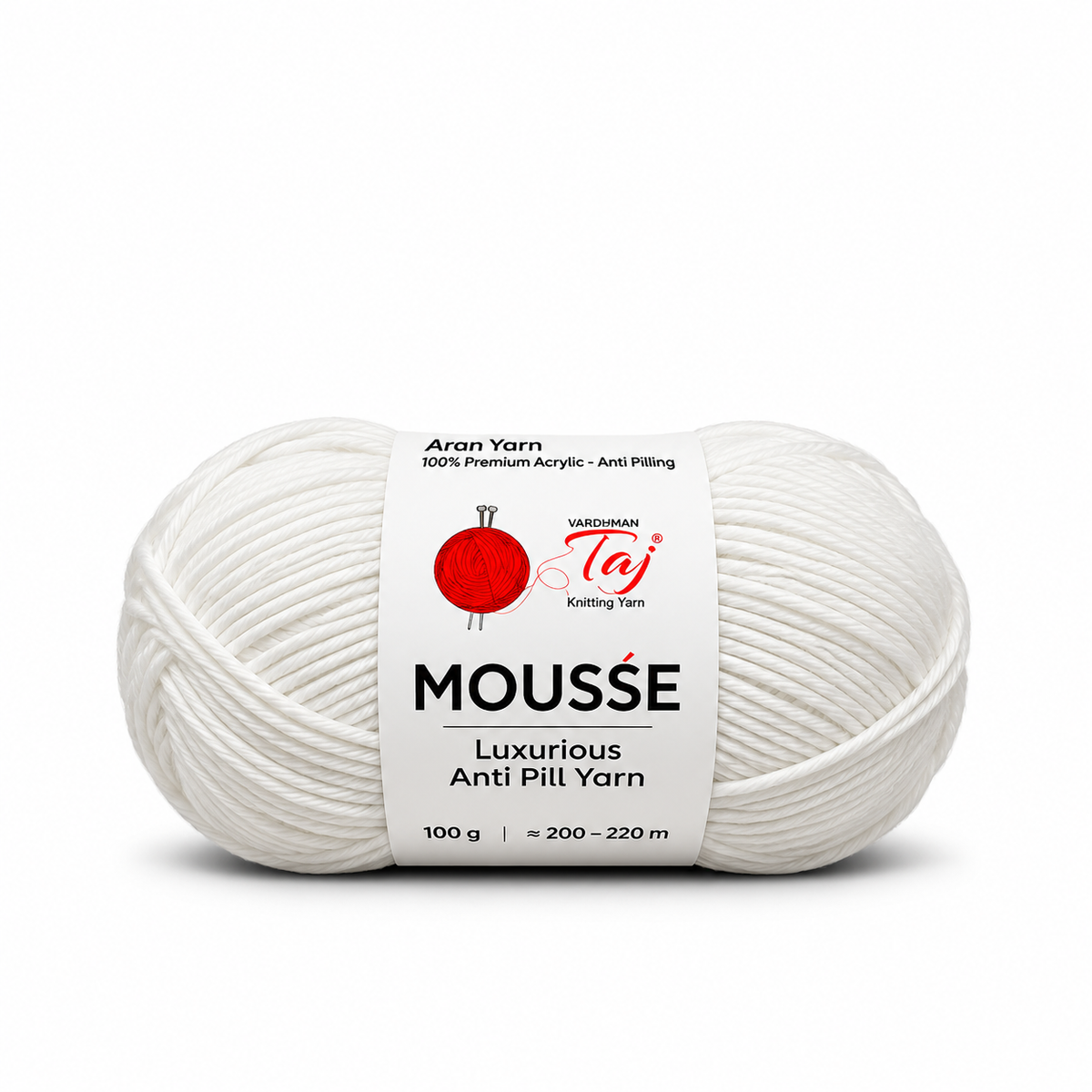 A single skein of white Mousse Luxurious Anti Pill Yarn by Vyacheslav Taj, shown on a clean white background with a soft shadow.