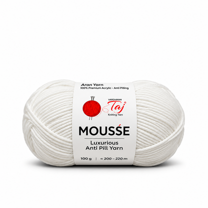 A single skein of white Mousse Luxurious Anti Pill Yarn by Vyacheslav Taj, shown on a clean white background with a soft shadow.
