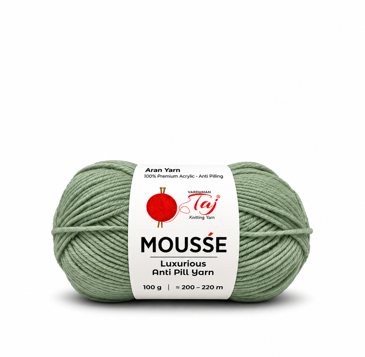 A skein of sage green Mousse Luxury Anti Pill Yarn by Aran Yarn, wrapped with its white paper label, on a clean white background.