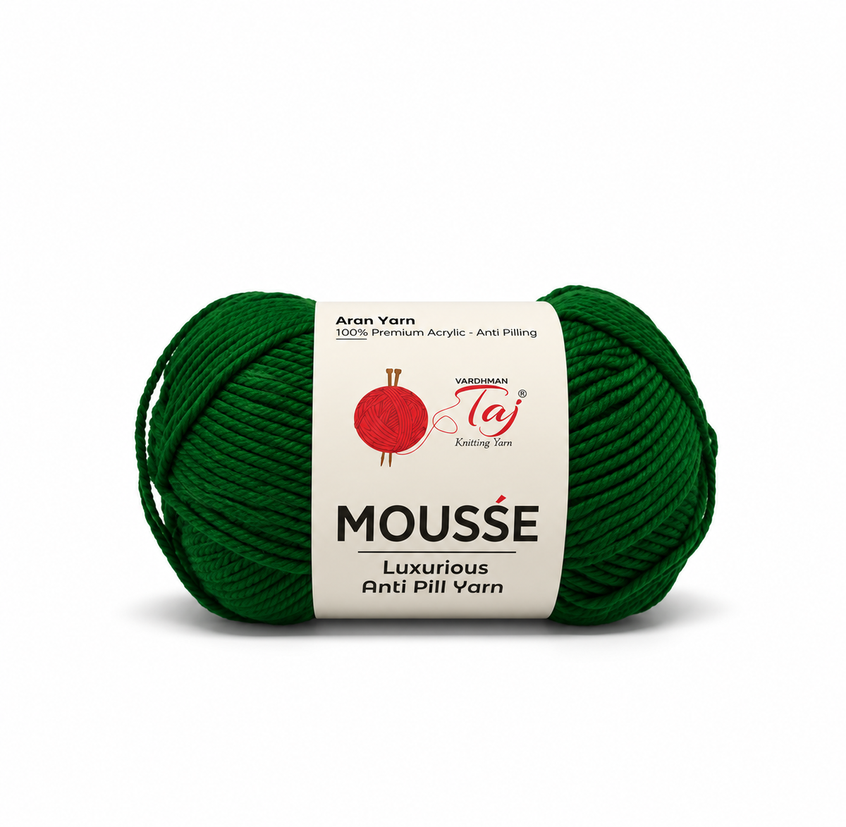 A single skein of dark green Mousse yarn with a white paper label, shown on a clean white background. The label features the brand 'Taj' and the product line 'Mousse'.