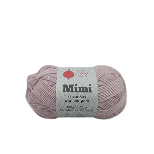 Ball of pink yarn with a Mimi label on a white background