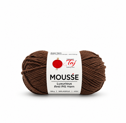 A single skein of Arian Yarn Mousse Luxurious Anti Pill Varn in a rich dark brown color, featuring a white paper label with red and black branding, set against a plain white background.