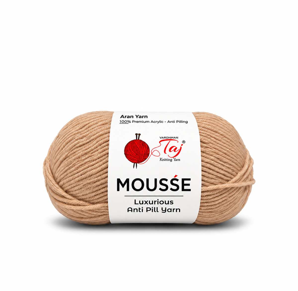 A single skein of Taupe Mousse knitting yarn with a white paper label, shown on a clean white background. The label features the brand name 'Tay' and product details.