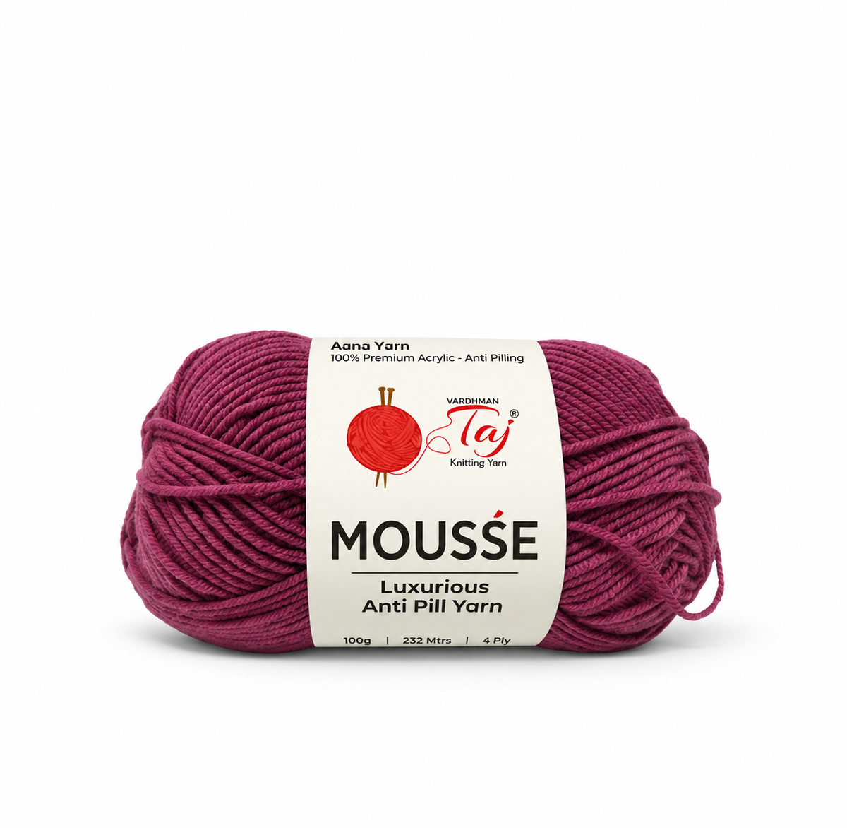 A skein of Taj Mousse Luxurious Anti Piling yarn in a deep berry purple shade, featuring a white paper label with the brand logo.
