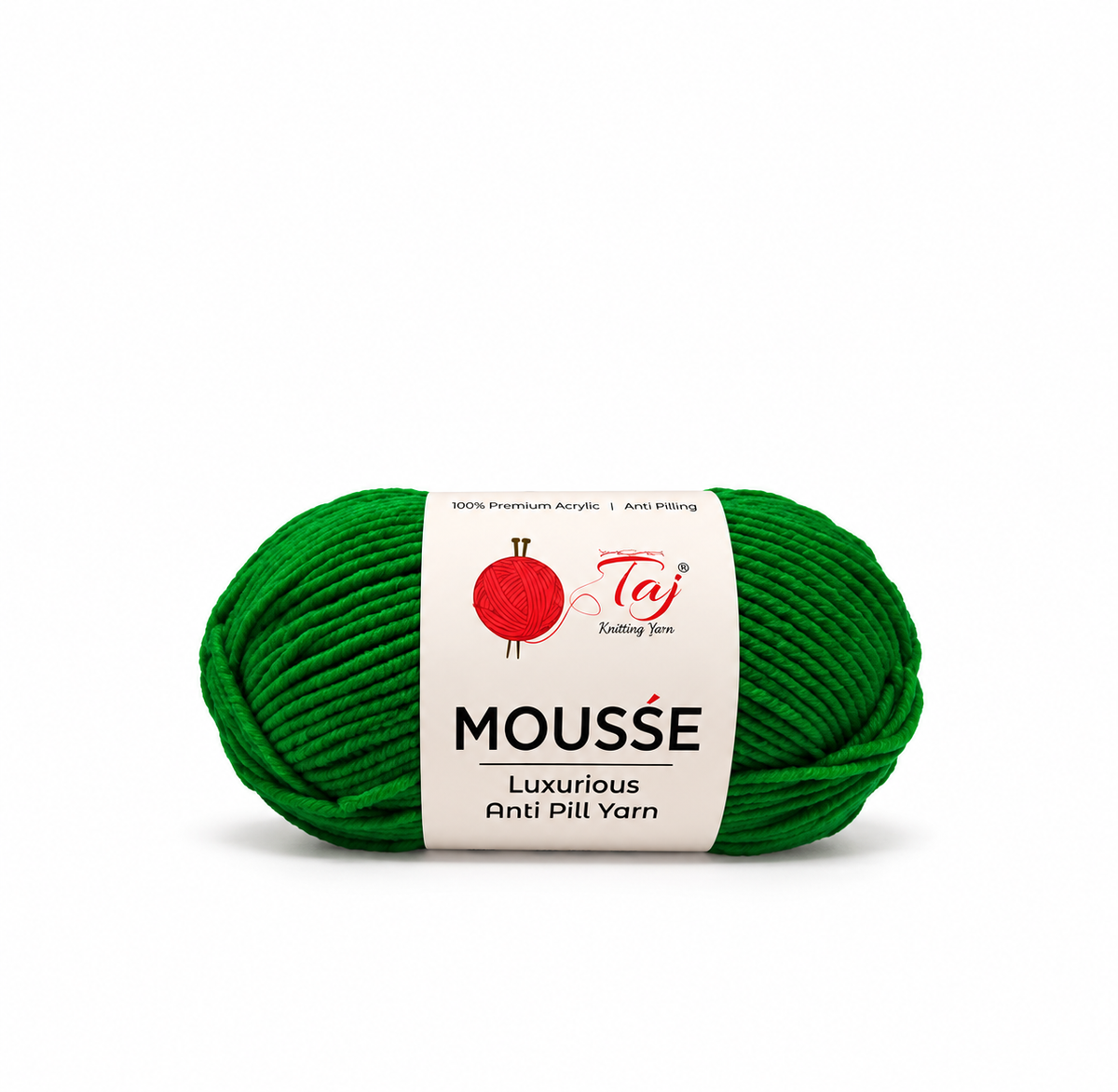A skein of bright green yarn with a white paper label that reads 'MOUSSE' and shows the Taj Knitting Yarn logo, on a plain white background.