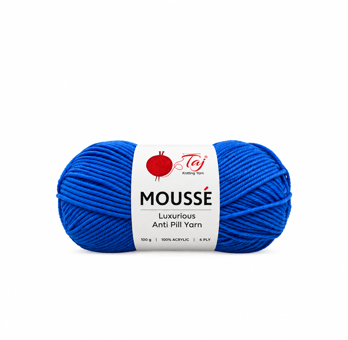 A skein of royal blueMOUSSÉ Luxury Anti Pill Yarn with a white paper label featuring the Taj Kozhikode logo, set against a plain white background.