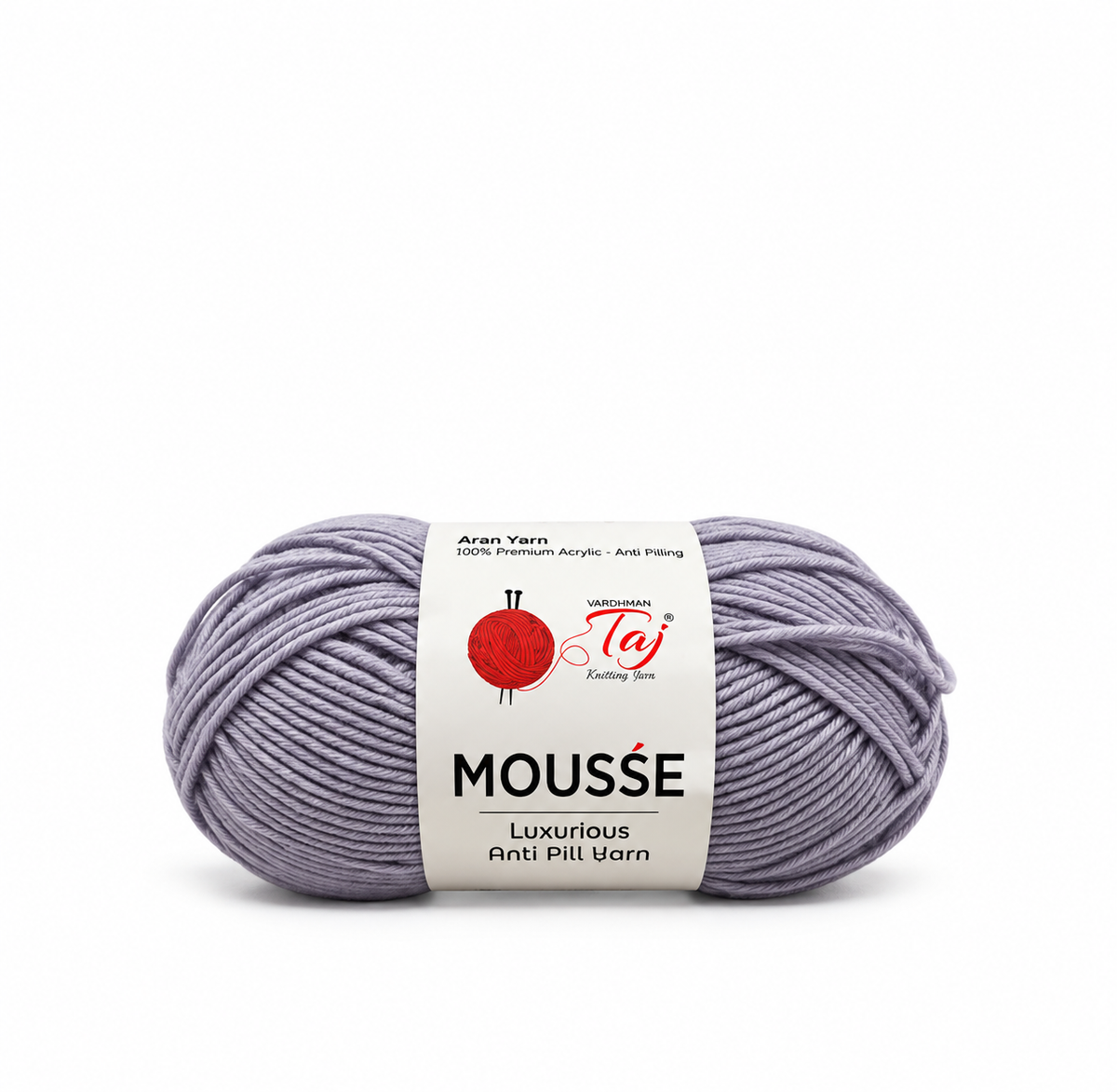 A skein of lavender-gray yarn with a white paper label that reads 'Mousse Luxurious Anti Pill Wool' by Taj Fabrics, on a solid white background.
