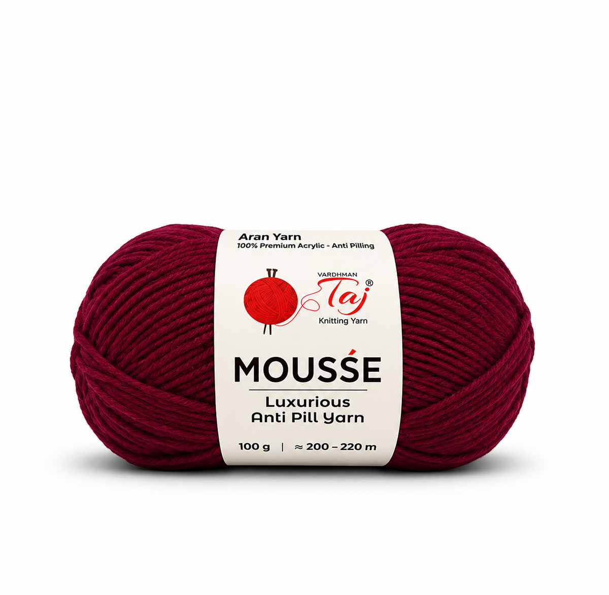 A single skein of Moussé Anti Pill Yarn in a deep burgundy red color, featuring a white paper label with the brand logo 'Taj Knitting Yarn'.