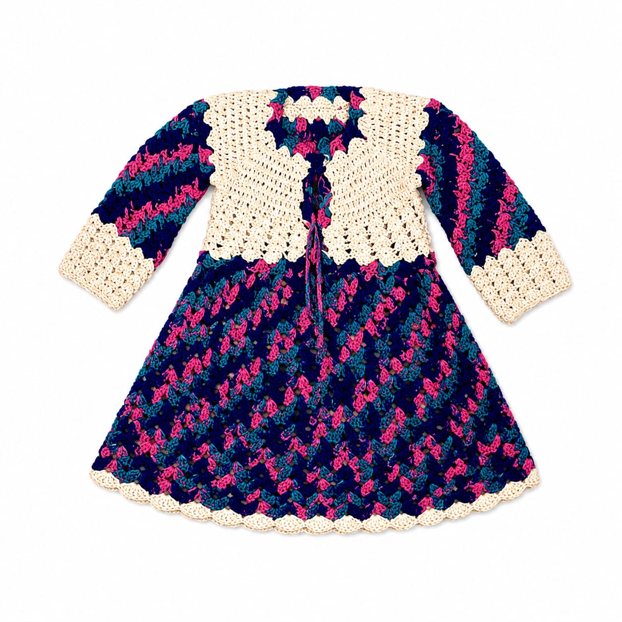 Navy Blue & Multicolor Handmade Crochet Dress for Girls | Full Sleeve Wool Dress