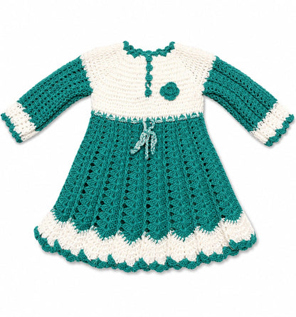 Teal Green & Cream Handmade Crochet Dress for Girls | Full Sleeve Wool Dress