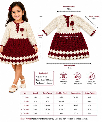 Handmade Cream & Maroon Crochet Wool Dress for Girls | Ages 1–6 Years