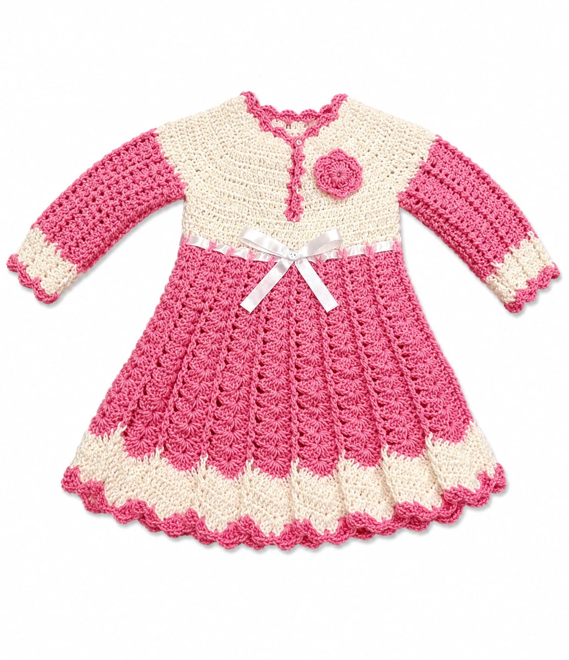 Pink & Cream Handmade Crochet Wool Dress for Girls | Full Sleeve Winter Dress