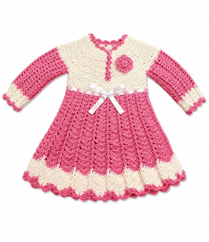 Pink & Cream Handmade Crochet Wool Dress for Girls | Full Sleeve Winter Dress