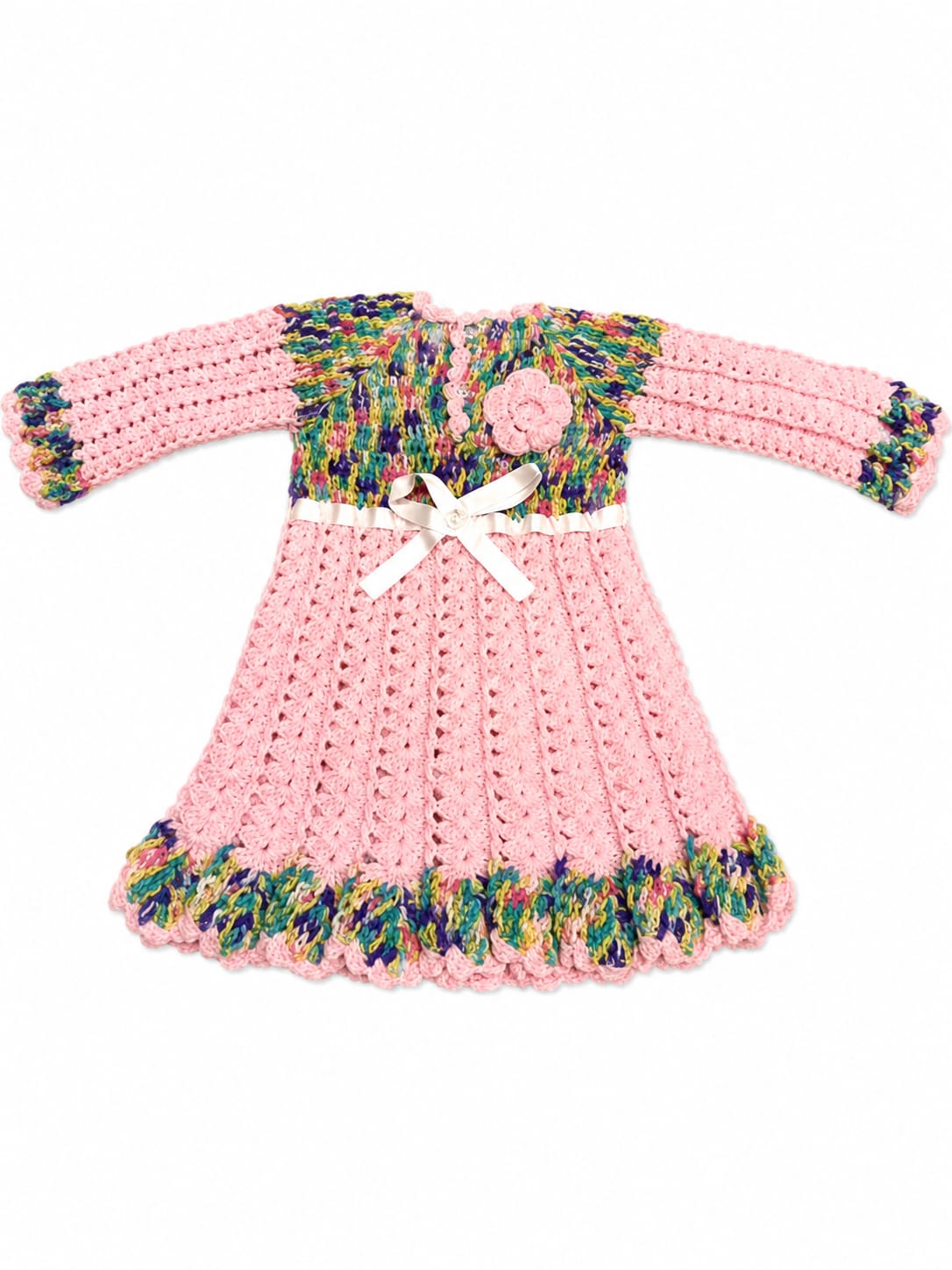 Pink & Multicolor Handmade Crochet Wool Dress for Girls | Cute Winter Wear