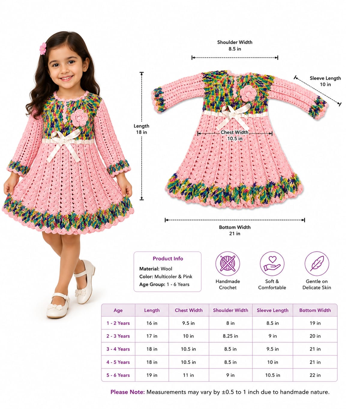 Pink & Multicolor Handmade Crochet Wool Dress for Girls | Cute Winter Wear