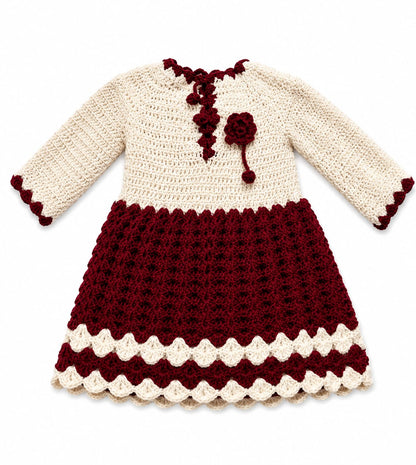 Handmade Cream & Maroon Crochet Wool Dress for Girls | Ages 1–6 Years