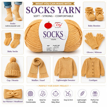 Ball of socks yarn with examples of items it can be used to make, including socks, baby booties, gloves, scarves, and sweaters.