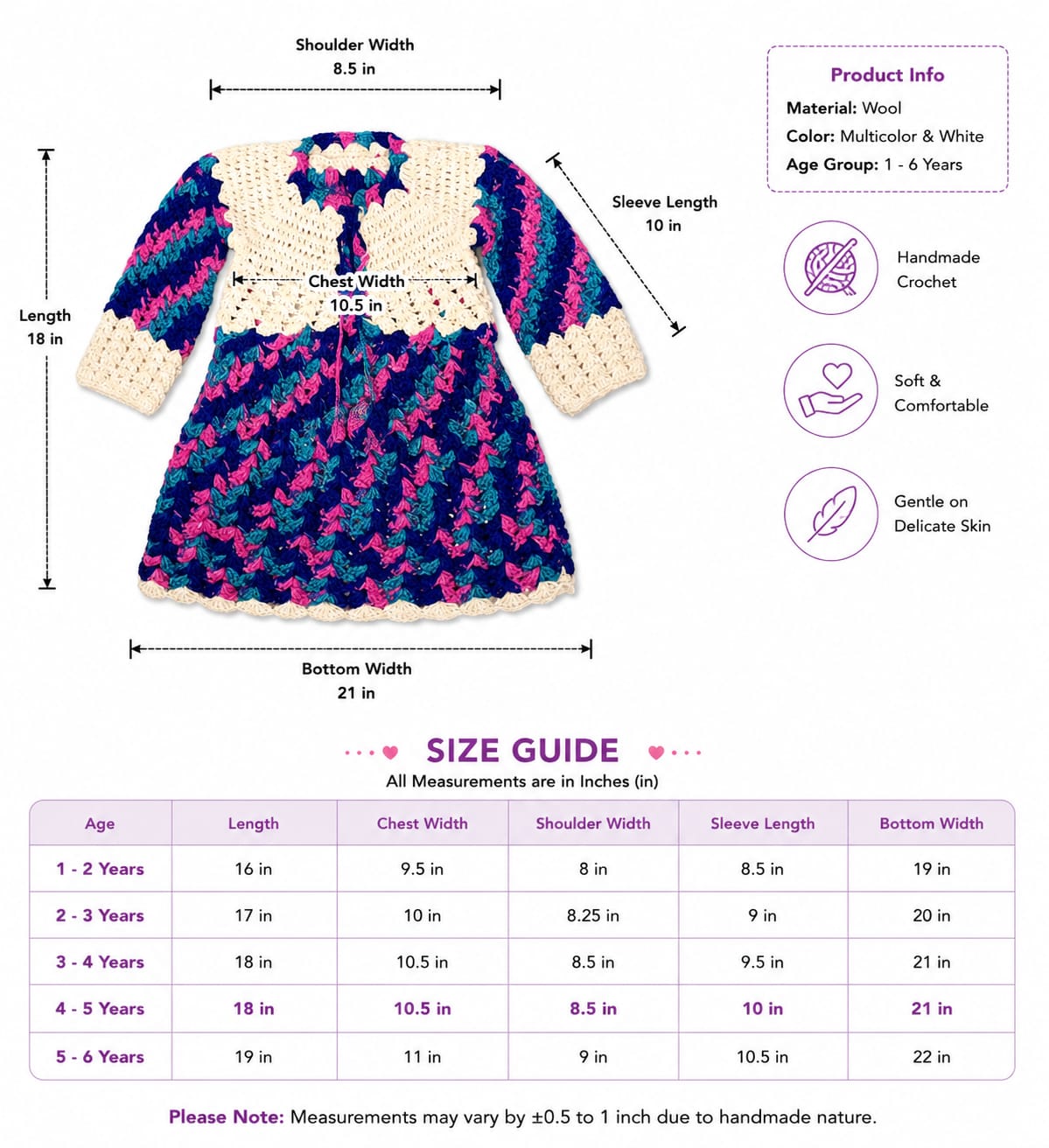 Navy Blue & Multicolor Handmade Crochet Dress for Girls | Full Sleeve Wool Dress