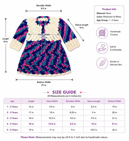 Navy Blue & Multicolor Handmade Crochet Dress for Girls | Full Sleeve Wool Dress